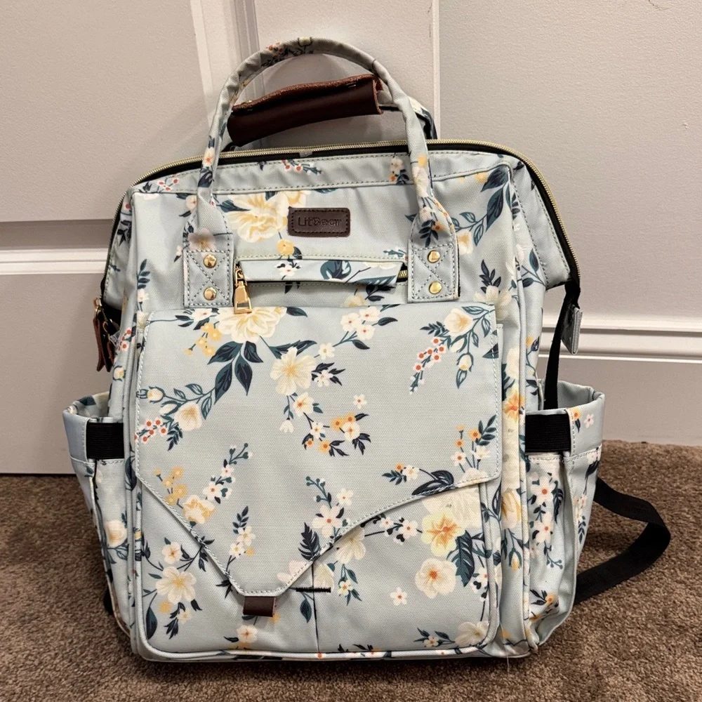 LitBear floral light blue diaper bag backpack - Picture 1 of 12